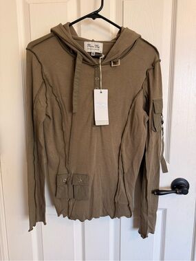 Miss Me Olive Green Utility Hoodie Top Medium Y2K Cargo Raw Seam NWT